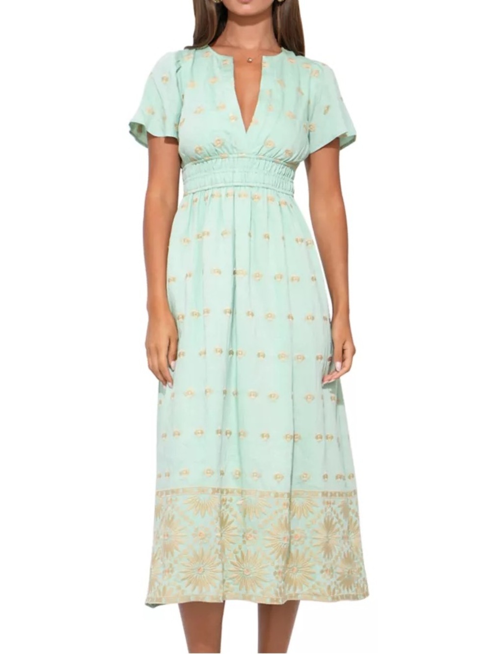 Adelyn Rae Mint Green Odessa Embroidered Dress Large Embroidery Midi Natural